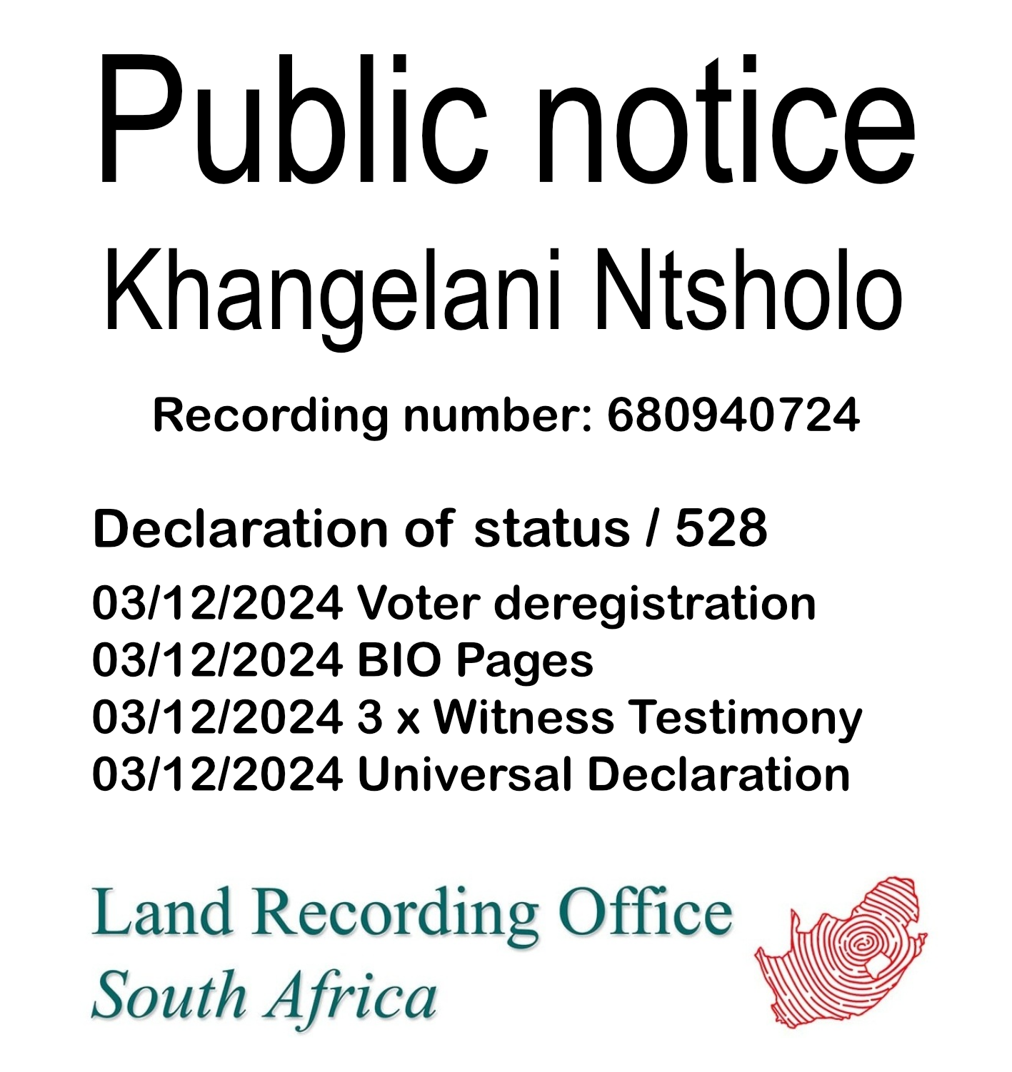 Public notice Khangelani Ntsholo Recording number 680940724